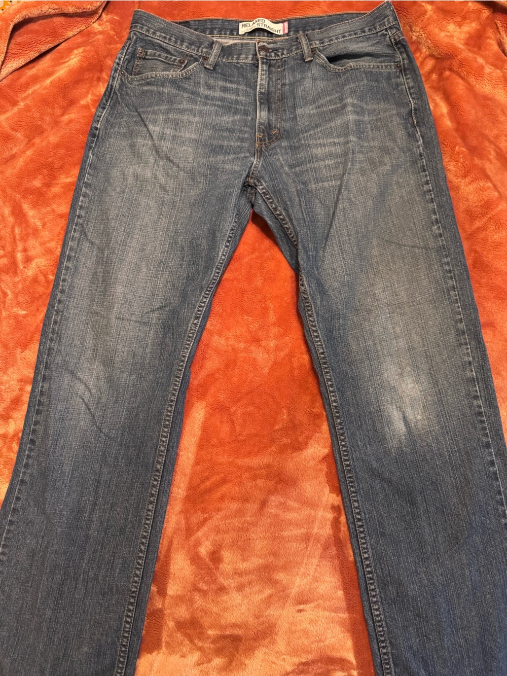 Levi's blue denim jeans with tan leather patch